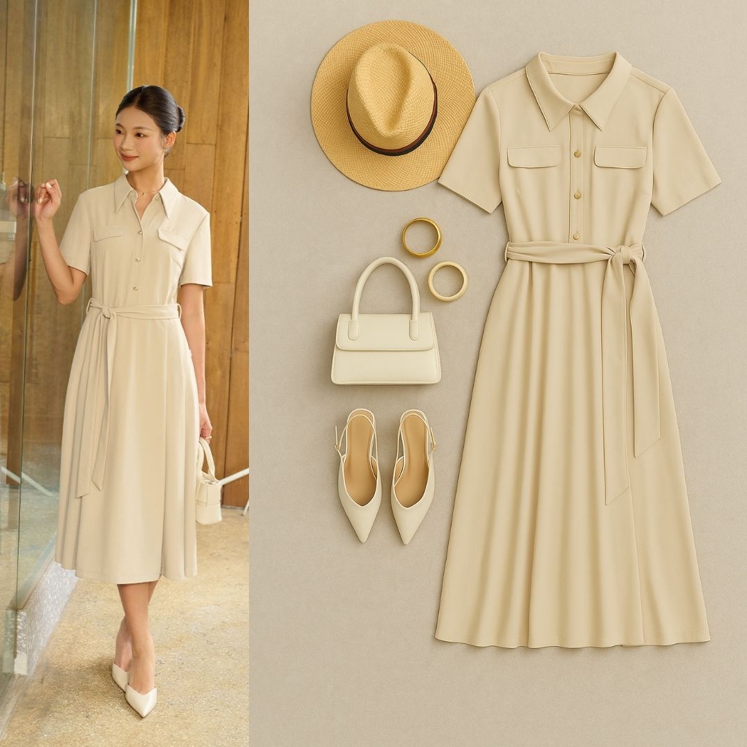 Đầm xoè cổ đức nắp túi ngực eo buộc đai đầm xèo cổ đức