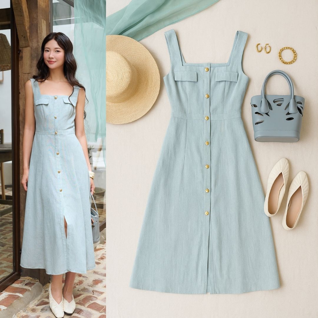 Đầm xoè 2 dây nẹp trước đính cúc đầm xòe 2 dây