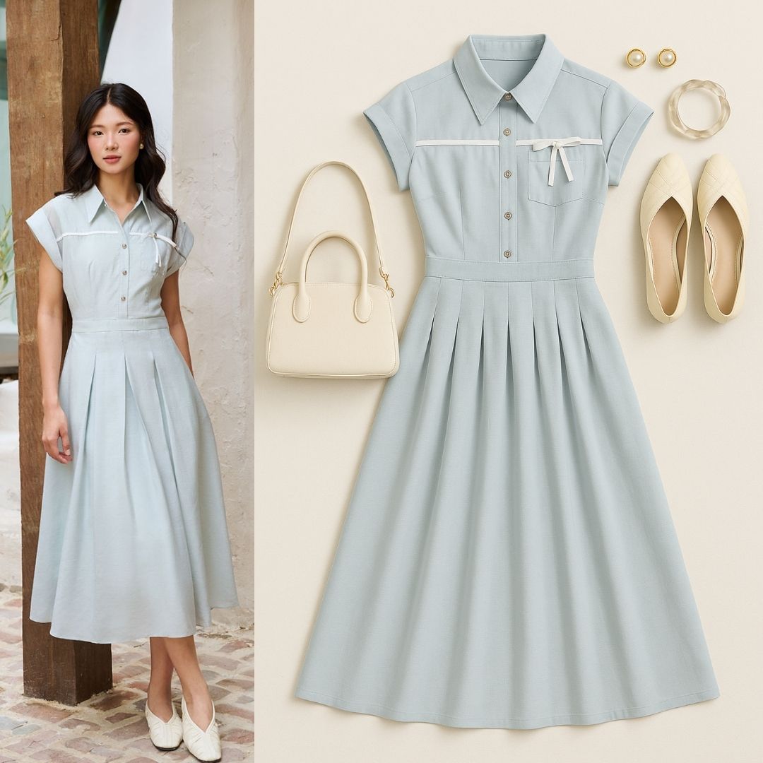 Đầm xoè tay chờm viền phối ngực đầm xòe cổ Đức