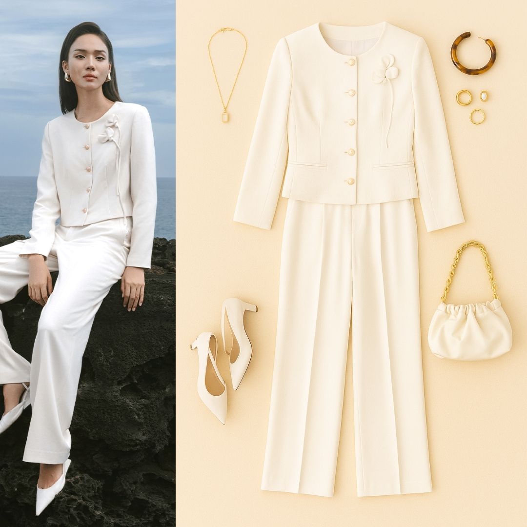 Áo vest cổ tròn 1 hàng cúc đính hoa ngực áo vest cổ tròn