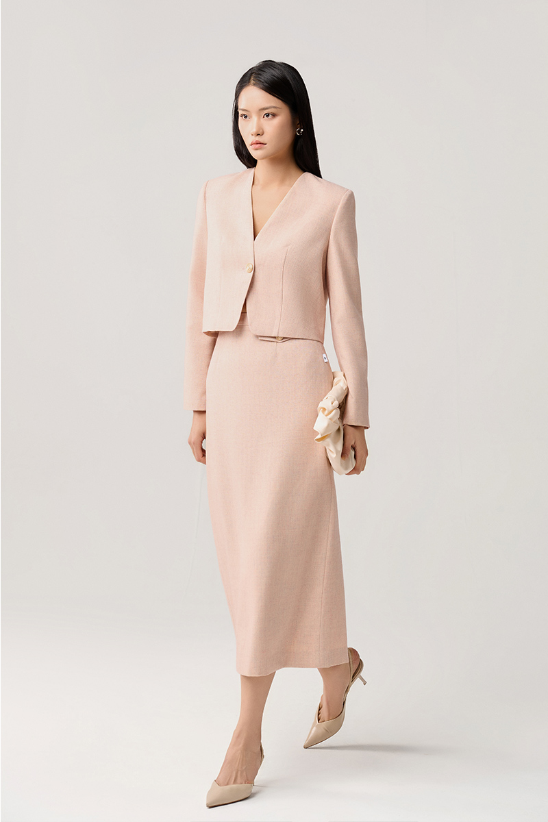 Áo khoác tweed croptop cổ V nẹp 1 cúc Chân váy tweed nắp túi 1 bên