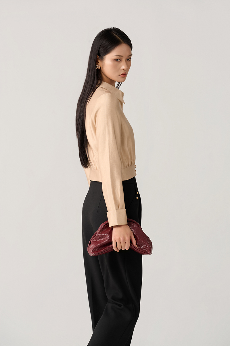 Sơ mi DT croptop đai gấu nhúm thân Sơ mi DT croptop đai gấu nhúm thân