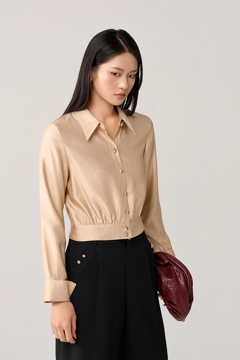 Sơ mi DT croptop đai gấu nhúm thân Sơ mi DT croptop đai gấu nhúm thân