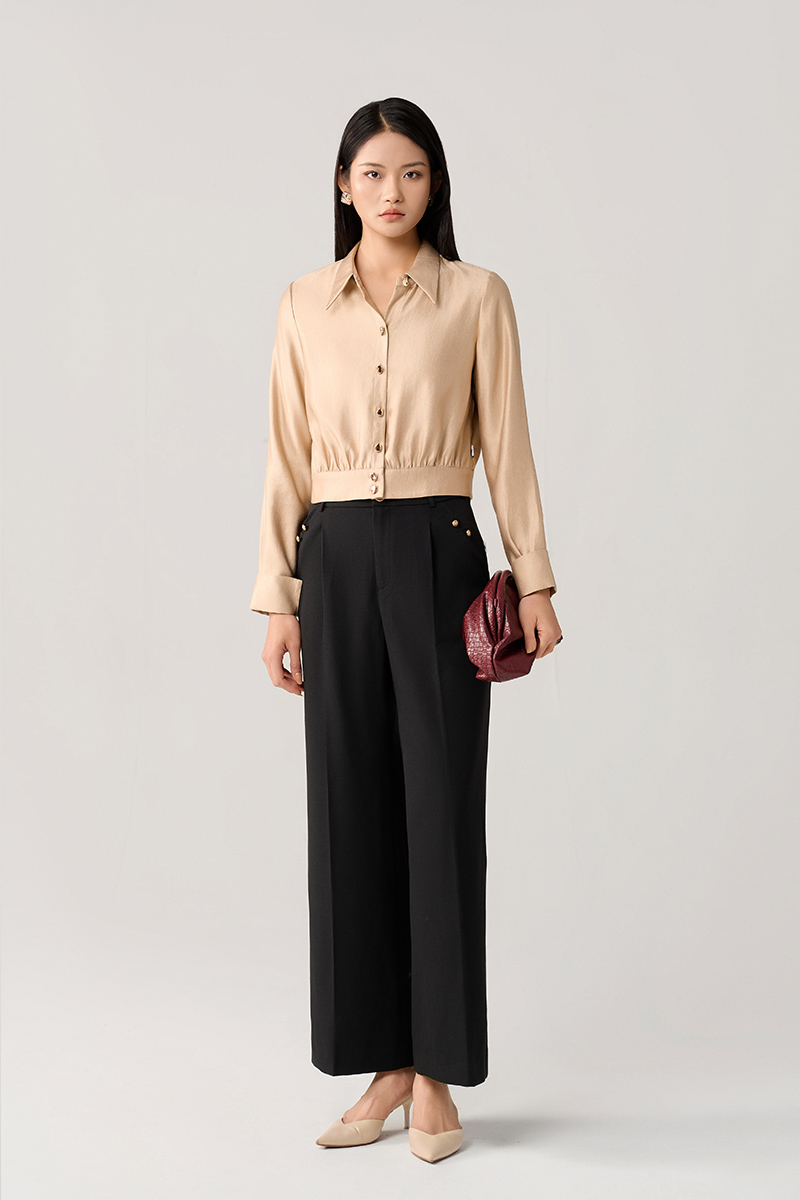 Sơ mi DT croptop đai gấu nhúm thân Sơ mi DT croptop đai gấu nhúm thân