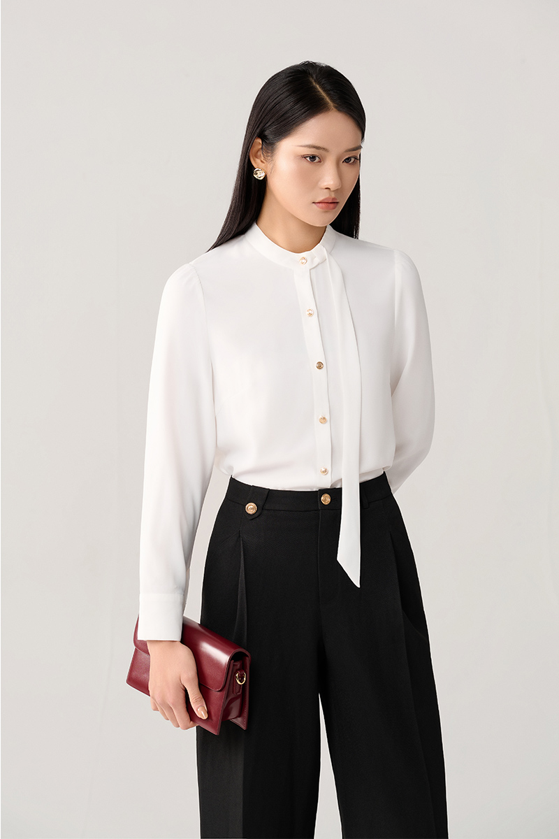 Sơ mi DT nơ cổ luồn lệch tay bồng Sơ mi DT nơ cổ luồn lệch tay bồng