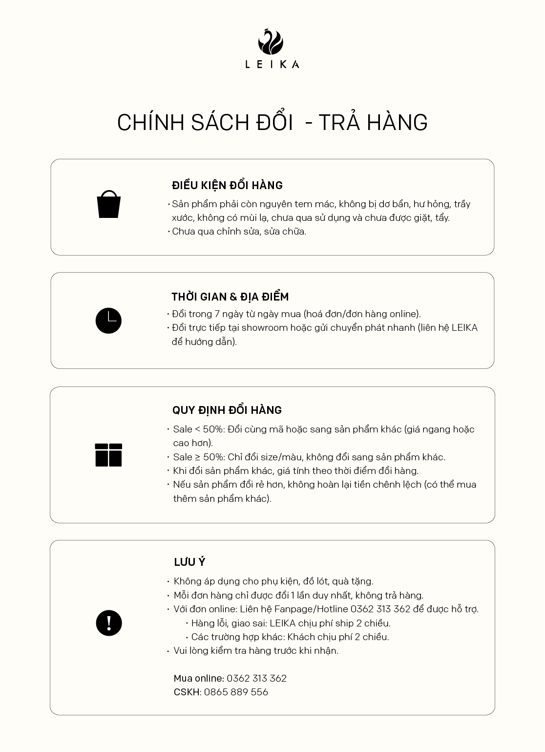 Chính sách hỗ trợ Sửa đồ LEIKA chính sách đổi hàng online