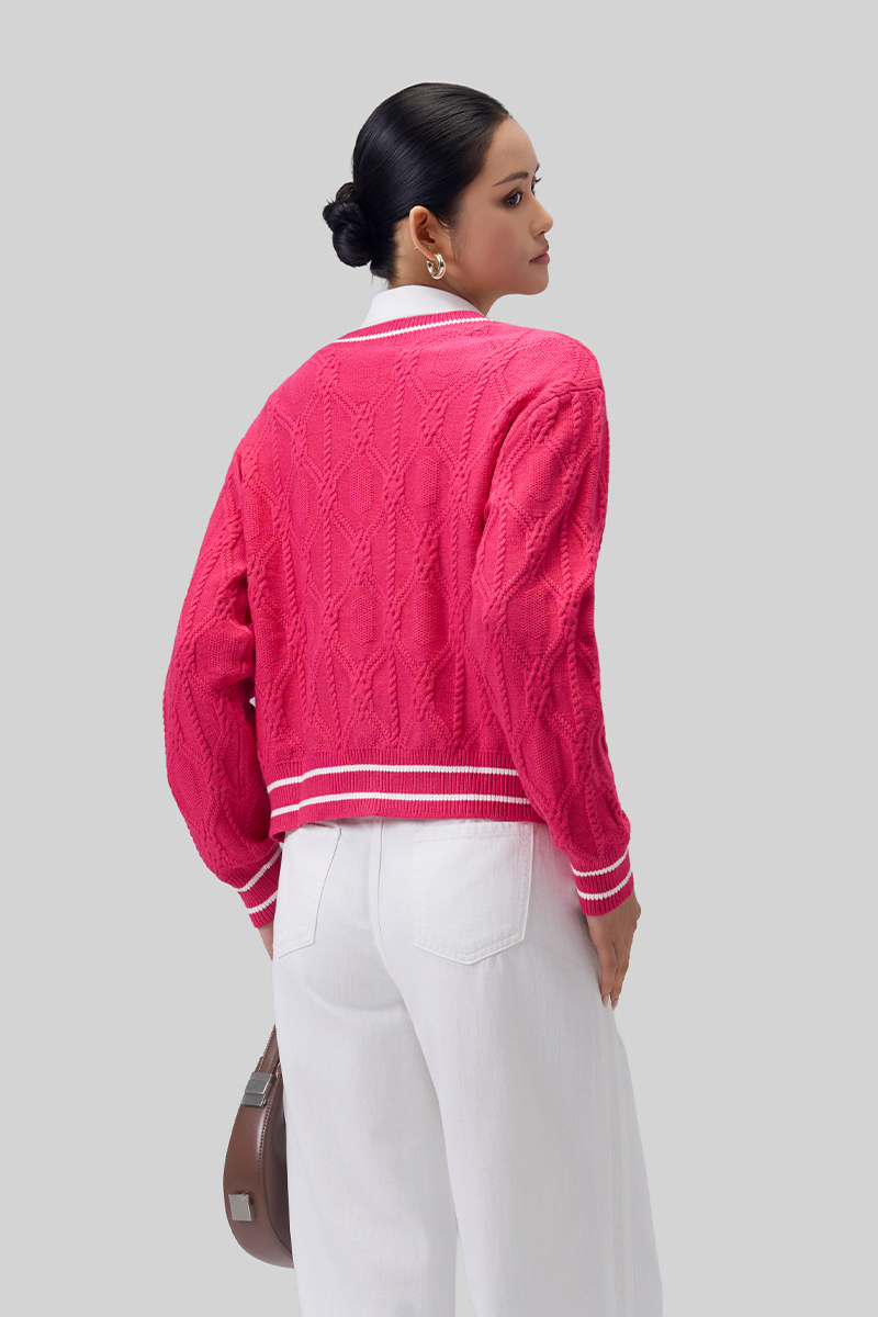 Áo khoác len túi ốp bo phối kẻ Áo khoác len túi ốp bo phối kẻ