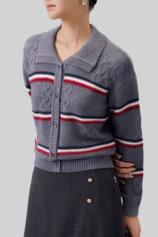 Áo khoác len vặn thừng dệt kẻ ngang