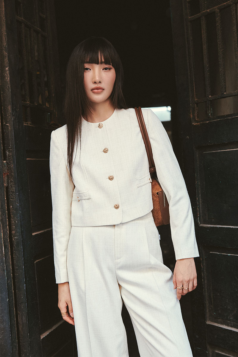 Quần suông text lơ vê gấu Áo khoác text croptop can cong thân kẹp đai