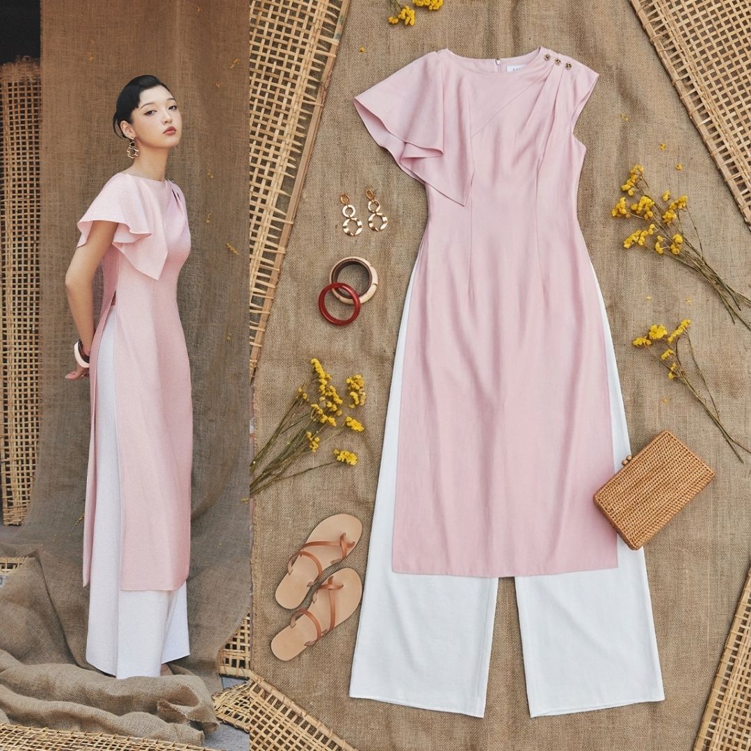 Áo dài xếp ly vai bèo tay lệch áo dài