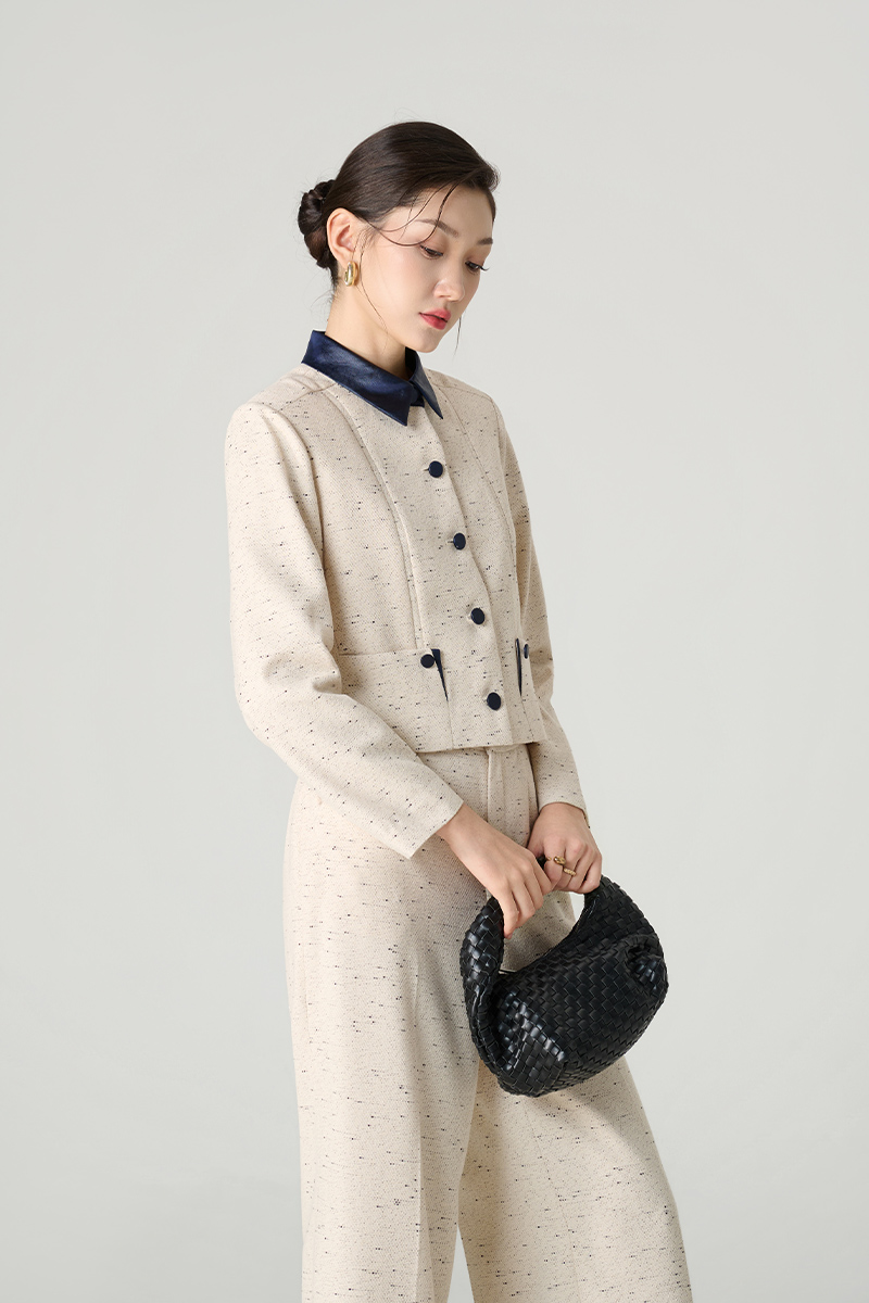 Quần suông tweed túi chéo TT Áo kiểu DT croptop phối cổ, lé miệng túi