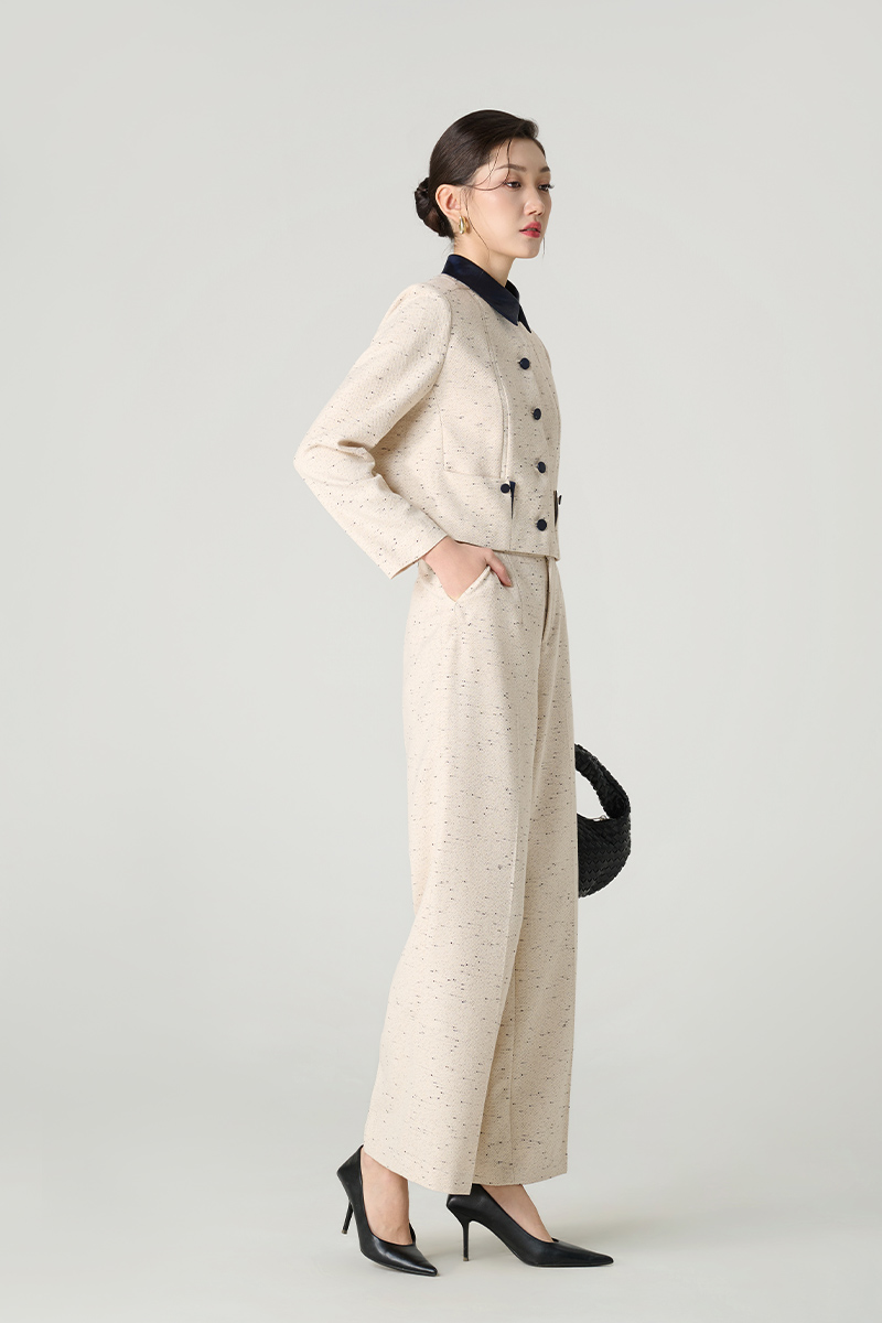 Quần suông tweed túi chéo TT Áo kiểu DT croptop phối cổ, lé miệng túi