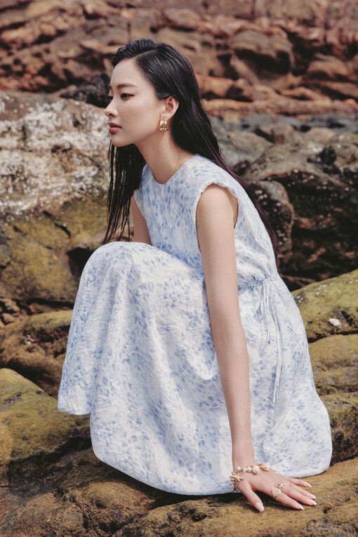Đầm maxi vai chờm, eo rút dây