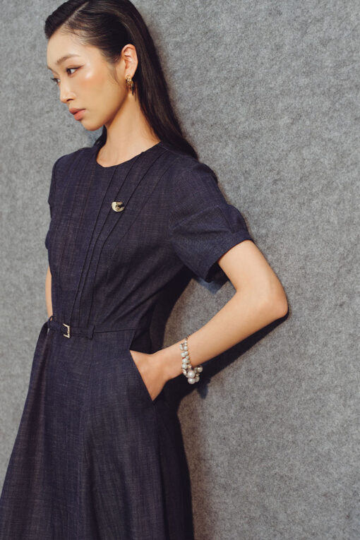 Đầm xoè denim thân bấu mí đai eo TT