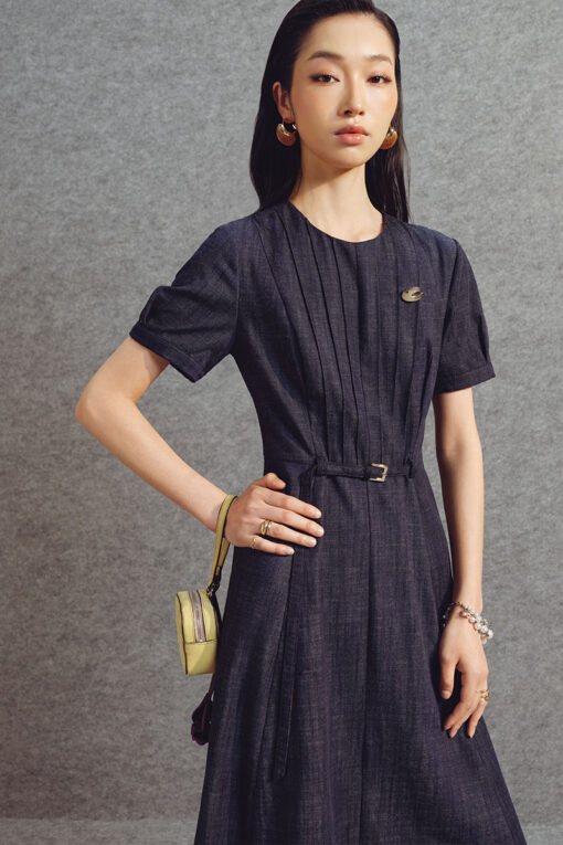 Đầm xoè denim thân bấu mí đai eo TT