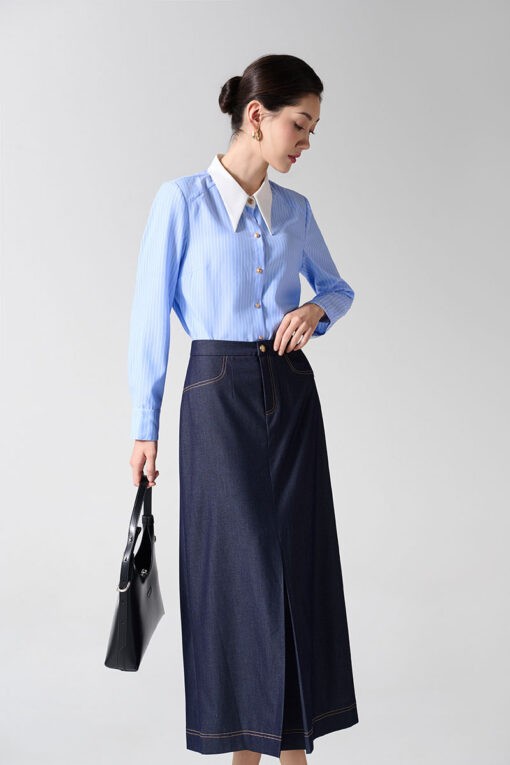 Sơ mi DT croptop can vai phối cổ