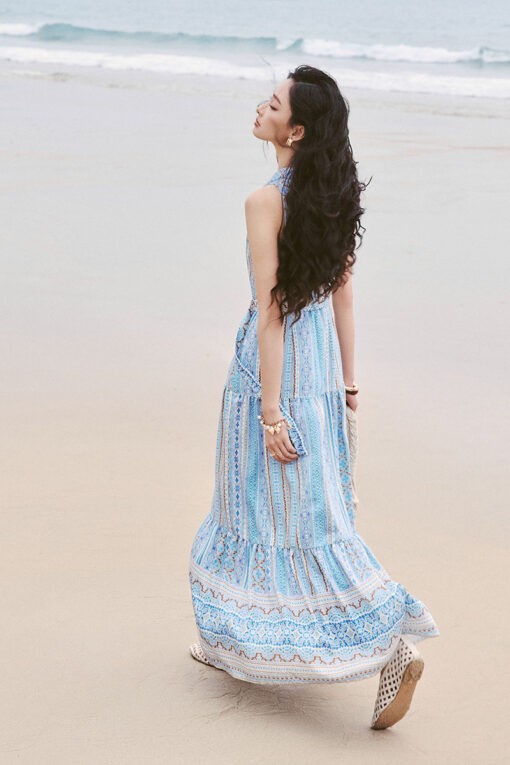 Đầm maxi xòe cổ vest SN kèm đai