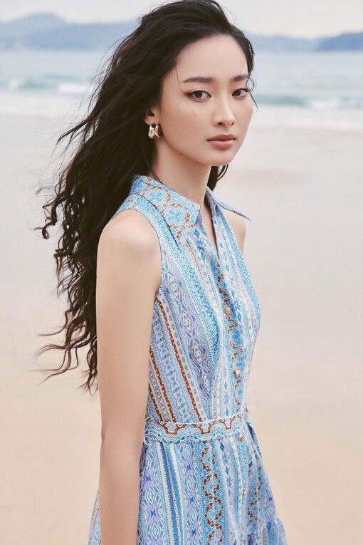 Đầm maxi xòe cổ vest SN kèm đai