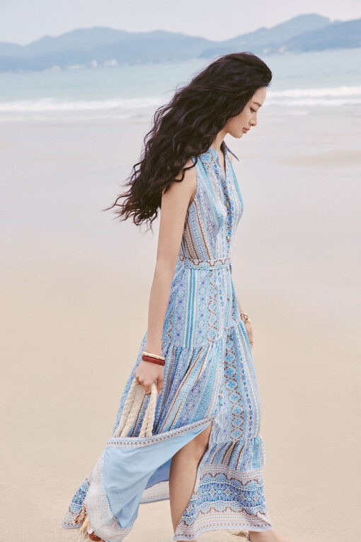 Đầm maxi xòe cổ vest SN kèm đai