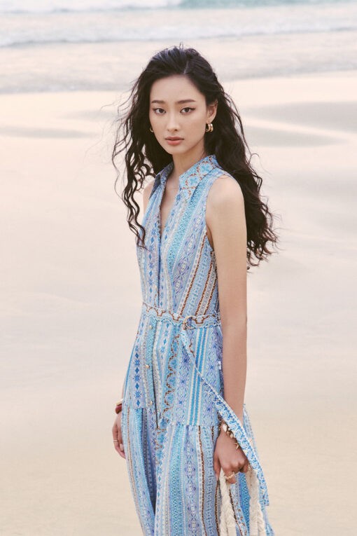 Đầm maxi xòe cổ vest SN kèm đai
