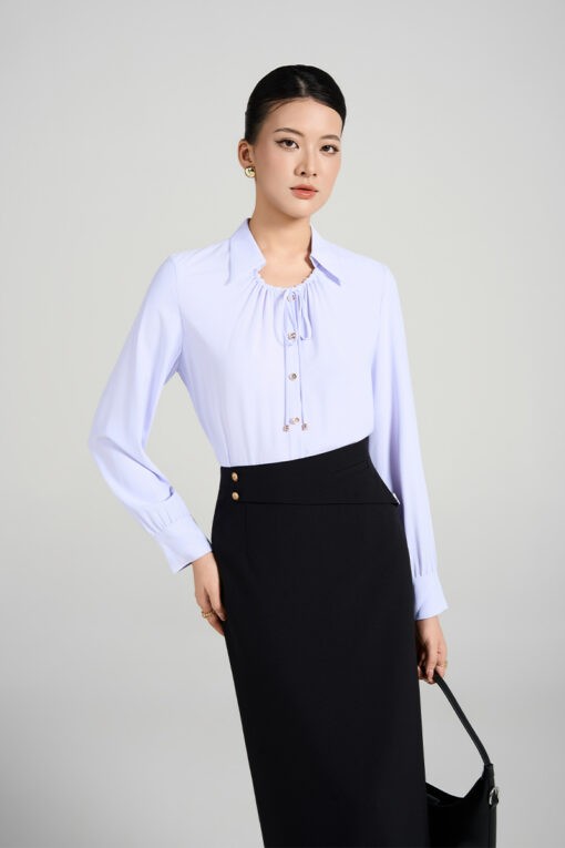 Sơ mi DT họng cổ nhúm buộc dây