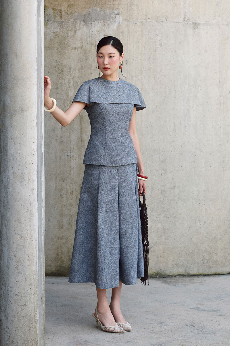 Áo kiểu tweet CT peplum choàng vai đính cúc Chân váy tweed xoè xếp ly cạp cách điệu