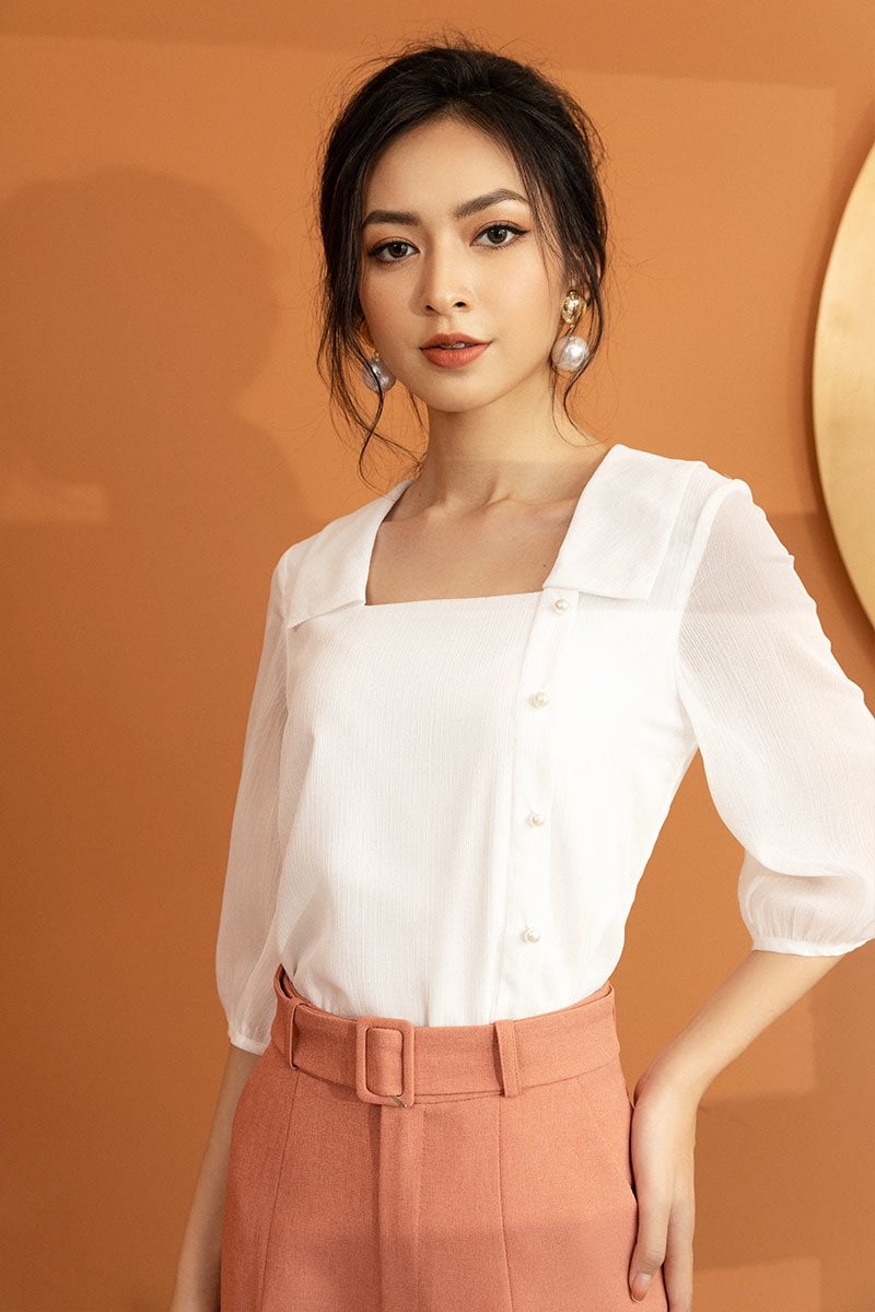 Sơ mi LT OF lá cổ vuông trắng 1