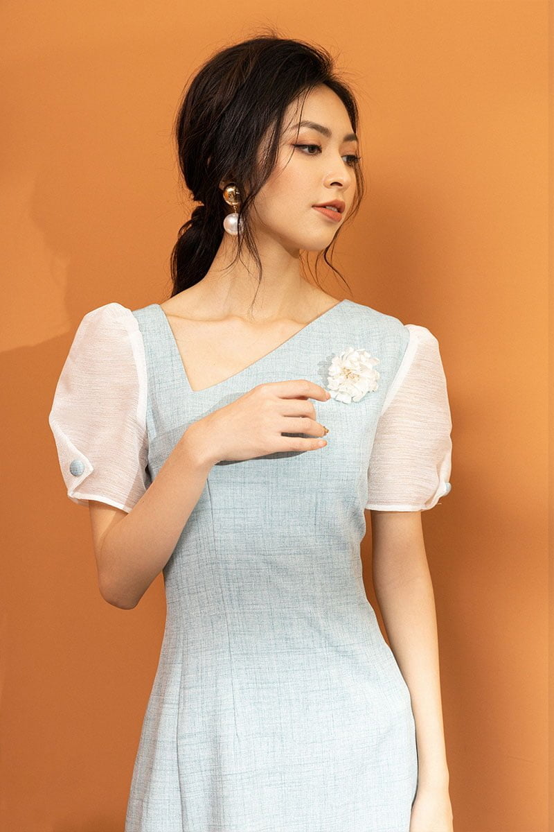 Đầm xòe CT CA cổ vát tay phối chiffon xanh