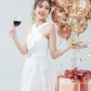 Đầm xòe ren cổ chéo đai eo