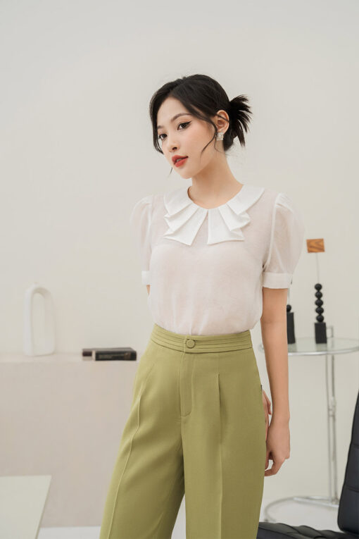Áo cộc tay tơ cổ phối xếp ly