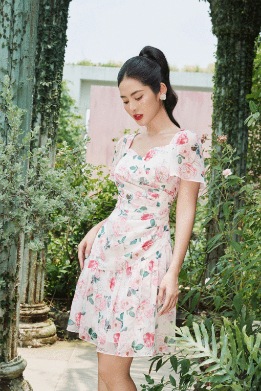 Đầm hoa nhí dáng xòe nhẹ phối đăng ten KK163-10 | Thời trang công sở K&K  Fashion