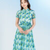Đầm xoè đai nơ eo hoa in