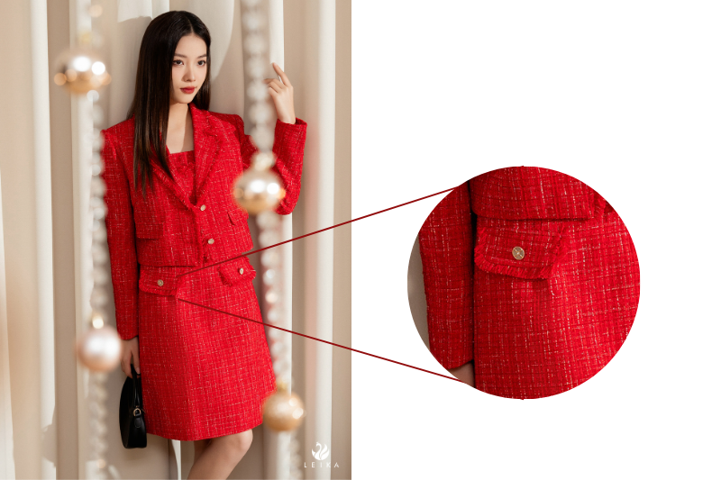 Đầm 2 dây tweed nắp túi giả Đầm 2 dây tweed nắp túi giả