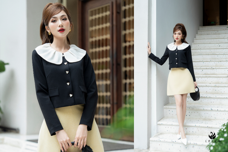 Áo kiểu croptop phối nơ xếp ly