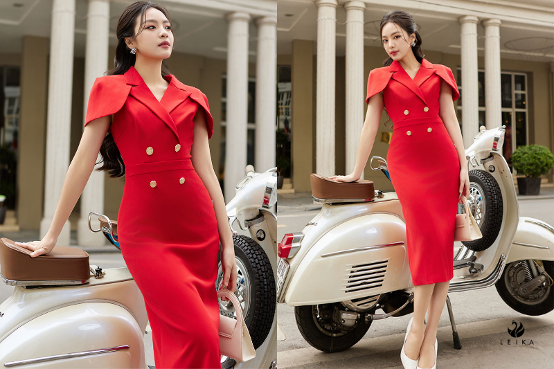 Đầm ôm cổ vest tay cape liền