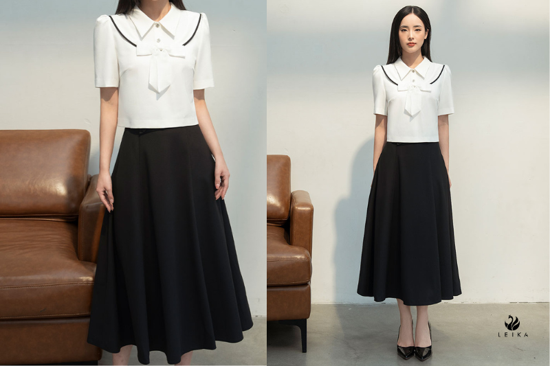 Chân váy xoè xếp ly to đính cúc