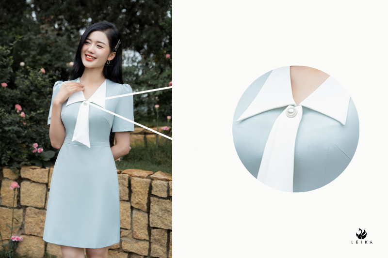 Đầm A cổ bẻ V phối màu