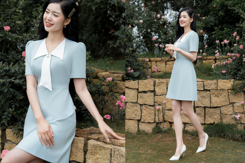 Đầm A cổ bẻ V phối màu