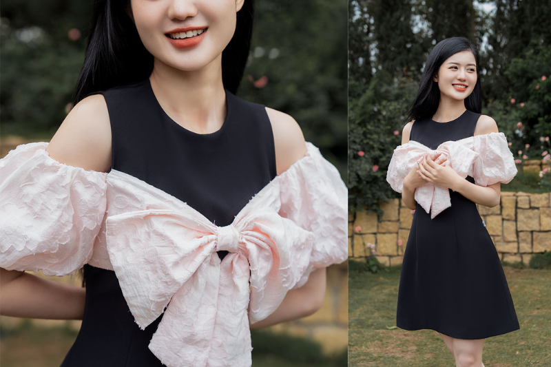 Đầm A hở vải đính nơ phối