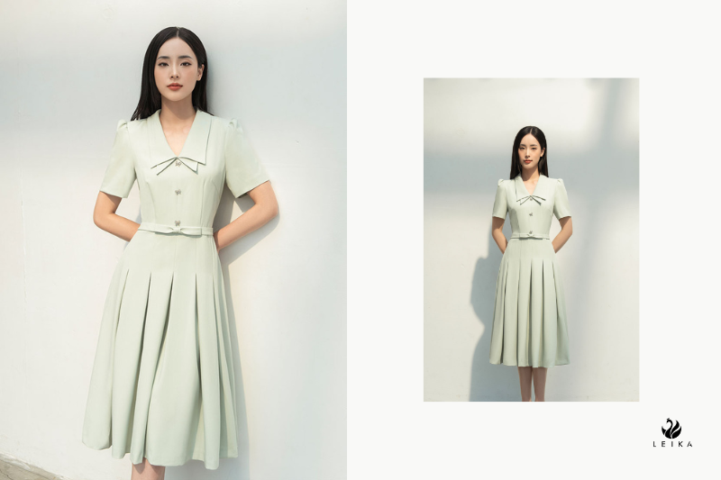 Đầm xoè chiết ly đính nơ eo