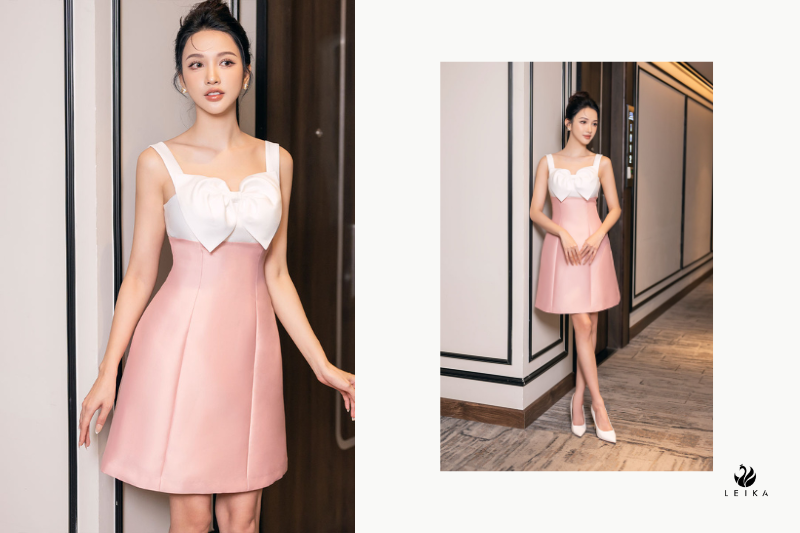 Đầm 2 dây tafta nơ ngực