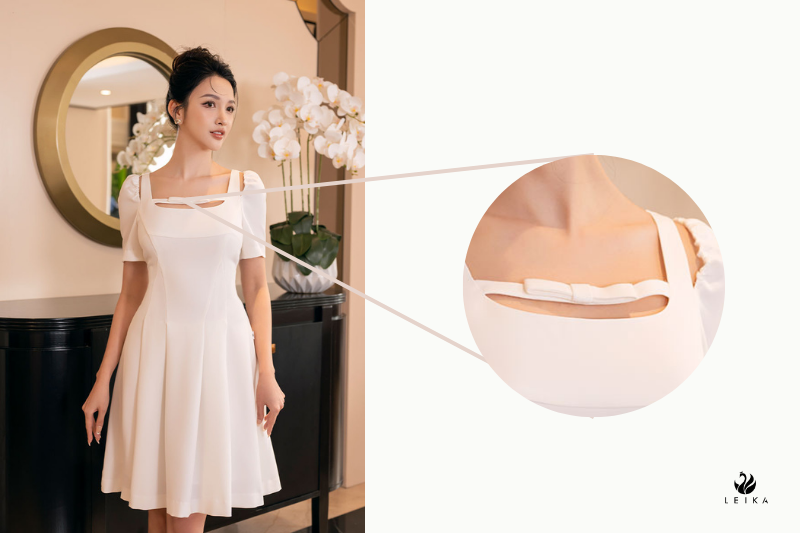 Đầm xoè cổ vuông can dây đính nơ