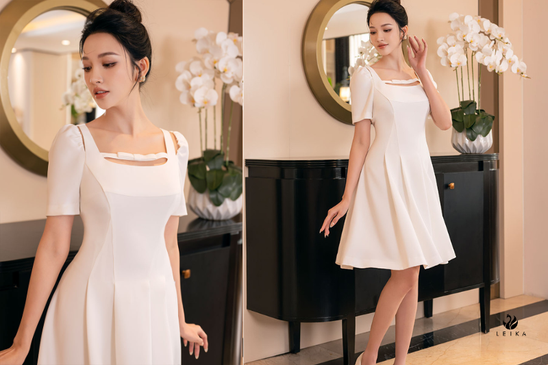 Đầm xoè cổ vuông can dây đính nơ