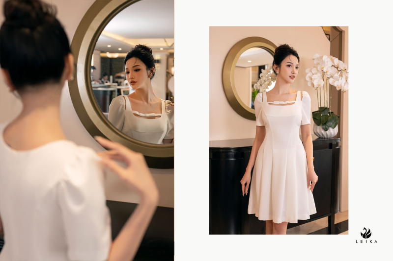 Đầm xoè cổ vuông can dây đính nơ