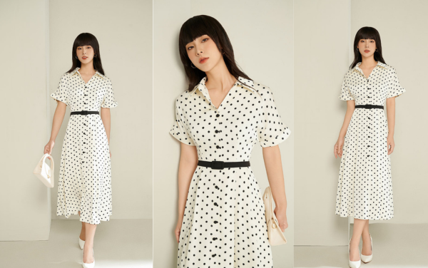 Đầm sơ mi tay liền đai eo phối màu 