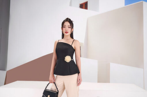 Áo kiểu 2 dây peplum eo cài hoa