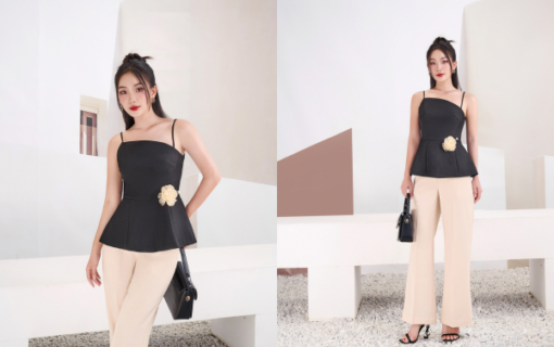 Áo kiểu 2 dây peplum eo cài hoa