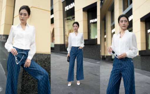 Quần jeans suông vải kẻ thoi