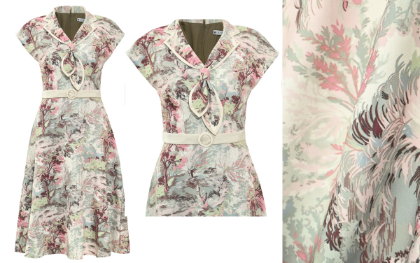 Đầm xoè hoạ tiết cổ vest tạo nơ