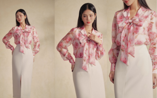 Sơ mi DT hoạ tiết cổ vest buộc nơ